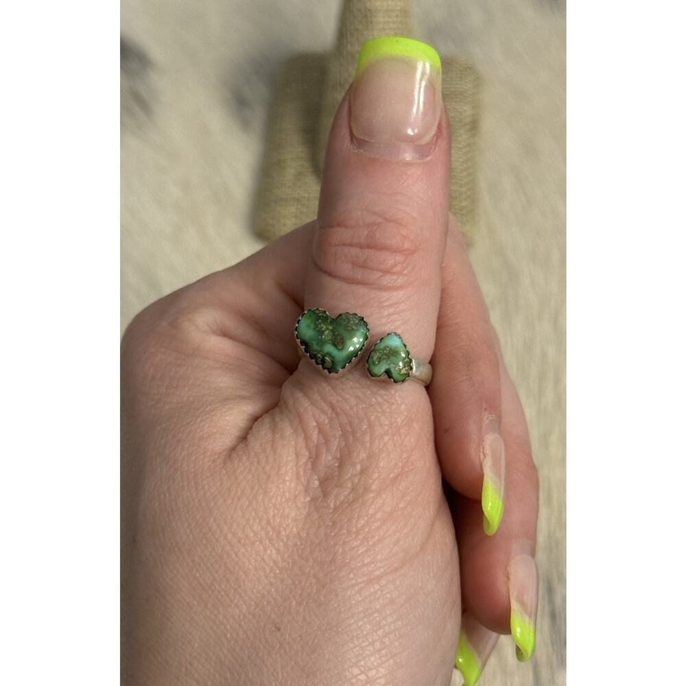 Sterling Silver Double Stone Sonoran Gold Green Hearts Turquoise Adjustable Ring